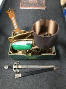 A box containing reproduction sword, barometer, table lamp with shade, banker's lamp,