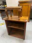 A set of walnut open bookshelves together with a carved Indian stool