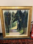 Continental School : Woodland path, oil on canvas, 64 cm x 74 cm, signed Leith Ewens,