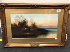 Twentieth Century School : Thatched Dwellings at Sunset, oil on panel. 25 cm x 46 cm, framed.