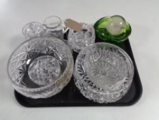 A tray containing assorted glassware, glass paperweights, 1970s green glass bowl.