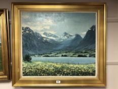 Continental School : Mountain lake scene, oil on canvas, 69 cm x 59 cm, framed.