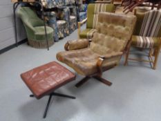 A twentieth century stained beech framed buttoned leather armchair together with similar footstool