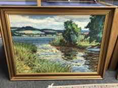 Continental school : Ducks on a river, oil on canvas, 90 cm x 64 cm, framed.