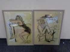 A pair of French prints depicting figures seated at cafe tables.