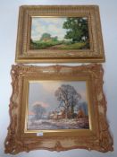 Two Vincent Selby oils on board, Shire horse on a rural lane and a Winter farmstead, in gilt frames.