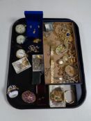 A tray containing a quantity of costume jewellery, chrome and silver plated pocket watches,