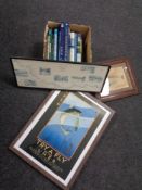A box containing hardback fishing books together with three framed fishing prints.