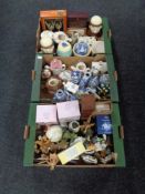 Three boxes containing miscellania to include boxed glassware, kitchen storage jars,