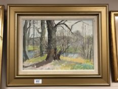 Continental school : Forest scene, oil on canvas, indistinctly signed, 37 cm x 26 cm, framed.