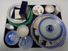 A tray containing assorted china to include Royal Worcester floral patterned sugar bowl,