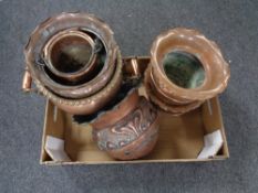 A box containing antique and later copper ware to include samovar (as found), Art Nouveau planters,
