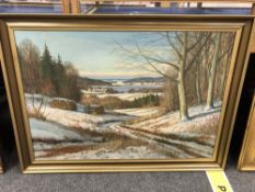 Continental School : Winter landscape, oil on canvas, 97 cm x 67 cm, indistinctly signed, framed.