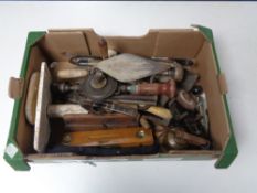 A box containing a large quantity of vintage hand tools, oil can, wooden woodworking plane etc.