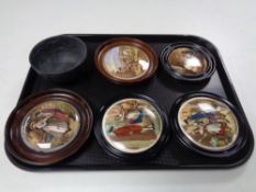 Five antique and later pot lids in frames, Cries of London etc,