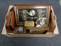 A box containing assorted mid 20th century and later mantel and wall clocks together with a leather