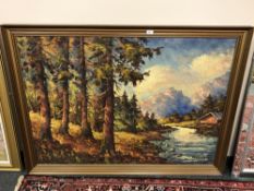 Continental School : Alpine landscape, oil on canvas, 136 cm x 96 cm, indistinctly signed Wallstrom,