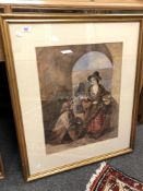 Twentieth century school : Figures beneath an archway, watercolour, 45 cm x 57 cm, framed.