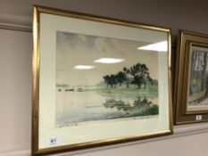 Continental School : View along a river bank, watercolour 43 cm x 32 cm, indistinctly signed,