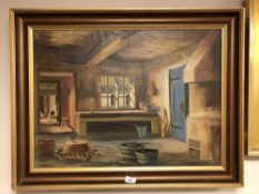 Continental school : Cottage interior, oil on canvas, 66 cm x 48 cm, indistinctly signed, framed.
