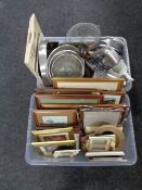 Two boxes containing a quantity of assorted framed pictures and picture frames, kitchenalia,
