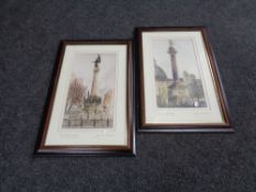 Two framed Jim Doran mixed media pictures, Grey's Monument and the Dirty Angel Newcastle.