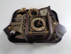 A Continental wall clock with brass pear drop weights together with a Bakelite cased Smith's
