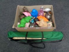A box containing assorted china, cast iron novelty money box,