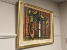 Continental school : A colour print depicting sunflowers in a vase, 74 cm x 54 cm, signed in pencil,