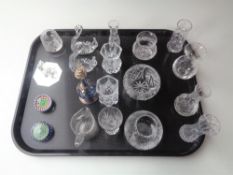 A tray of assorted glass ware, Stuart crystal vases, Swarovski bird figure,