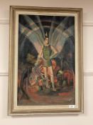 Continental school : A study of a figure holding a sword, oil on canvas, 44 cm x 69 cm, signed J.