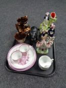 A tray containing antique and later china to include Staffordshire figures,