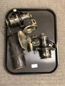 Two vintage bicycle lamps and a miner's lamp (3)