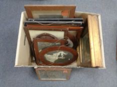A box containing antique and later Continental etchings, framed photographs etc.