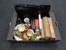 A box of assorted books, Harry Potter, Devon ware, cruet set, material, walking sticks,