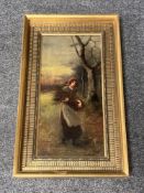 Continental school : A lady carrying sticks, oil on canvas, 19 cm x 39 cm, indistinctly signed,