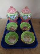A pair of Maling lidded vases together with a set of four Rosine dishes (a/f)