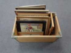 A crate containing continental school pictures and prints, black and white etchings,