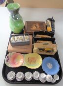 A tray of miscellania including Ringtons die cast cars, Maling vase, Beswick dish,