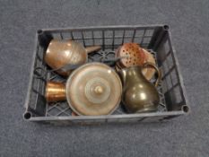 A box of antique and later copper ware, chestnut roaster,