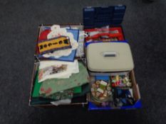 Three boxes containing sewing threads, zips, material etc.