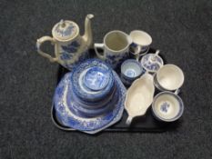 A tray of Staffordshire Ironstone tea china and other blue and white porcelain