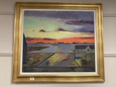 Continental school : Cottages at sunset, oil on canvas, 69 cm x 59 cm, indistinctly signed, framed.