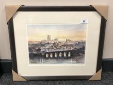 After Tom MacDonald : Old Durham, reproduction in colours, signed in pencil, 21 cm by 30 cm, framed.