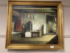 Continental school : A cottage interior, oil on canvas, 59 cm x 49 cm, indistinctly signed, framed.