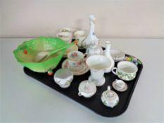 A tray of assorted cabinet china, Wedgwood and Aynsley vases, cabbage leaf salad bowl with servers,