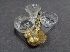 A tray containing cut glass lead crystal fruit bowls and vases together with antique brass horse