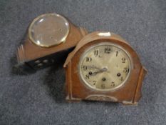 A 1930s oak cased mantel clock together with a walnut cased Art Deco mantel clock (A/F).
