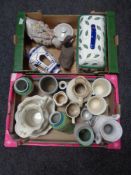 Two boxes of English pottery jugs and vases, two duck ornaments,