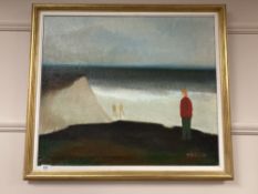 Continental school : Figures by a coast, oil on canvas, 69 cm x 59 cm, indistinctly signed, framed.